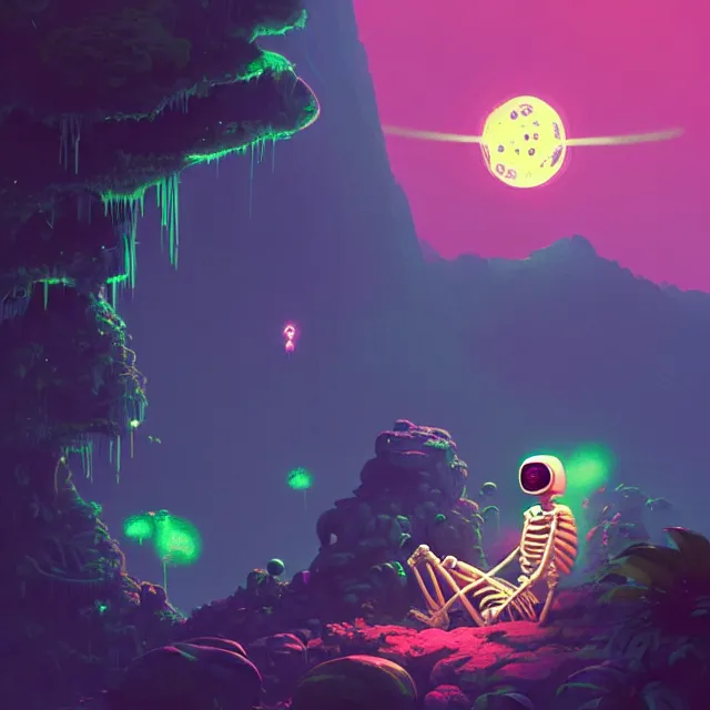 Prompt: a skeleton astronaut sitting on rock, surrounded by bio - luminescent, glowing peaceful serene sentient solarpunk, jungle. in the style of katamari damacy, scattered glowing pink fireflies, soft vaporwave liminal aesthetic. 3 d blender by tomer hanuka, greg rutkowski, beeple, sharp focus, digital painting, concept art