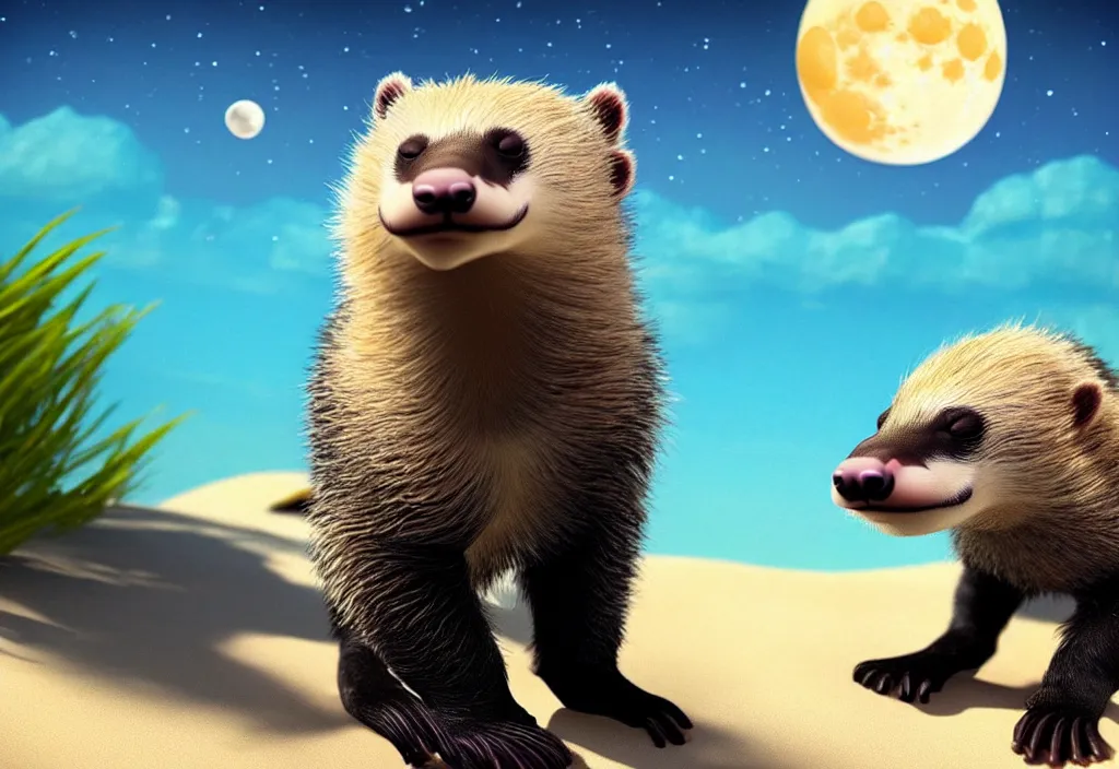 Image similar to cute honey badger at a beach looking at the moon, ultra realistic, concept art, highly detailed