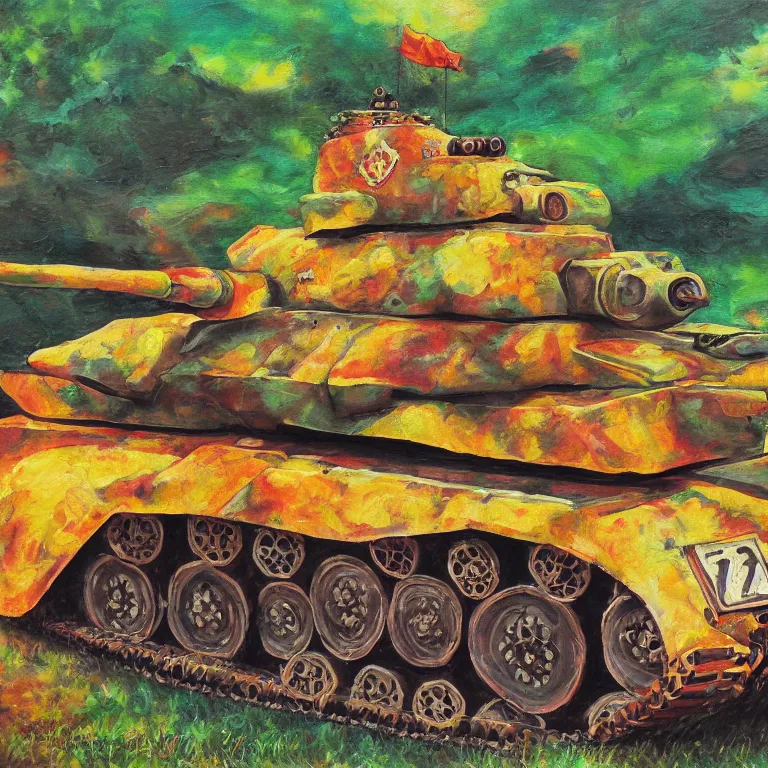 Prompt: panzer tank on peaches, psychedelic oil painting