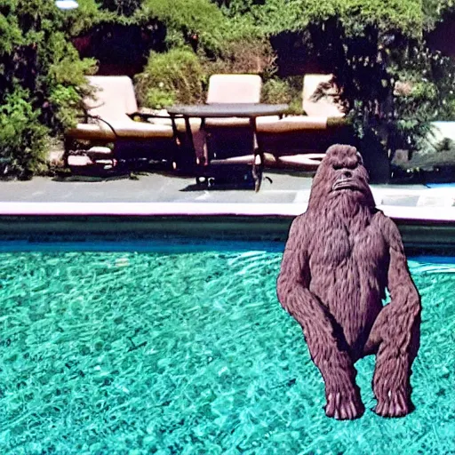 Image similar to bigfoot relaxing by the pool, surveillance camera still