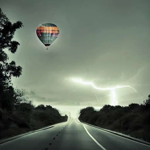 Image similar to a hot air balloon flying in the middle of the road, liminal space, uncanny, saturated, dynamic lightning