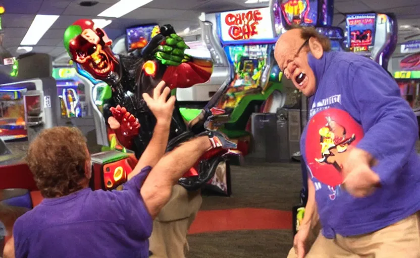 Image similar to the terminator fighting danny devito up in the chuck e cheese
