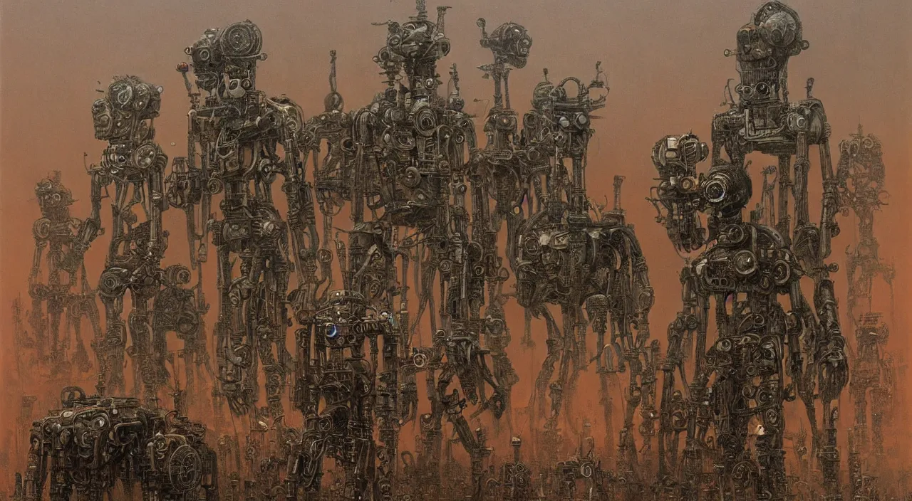 Image similar to steampunk robots by vladislav beksinski