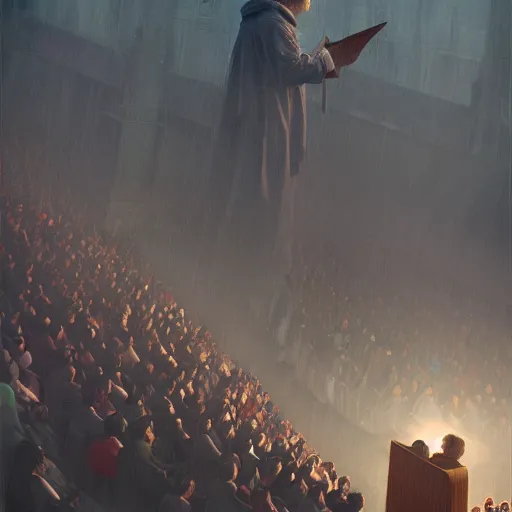 Image similar to pastor Dante Gebel giving a sermon message before a large crowd, artstation, Greg rutkowski, cinematic, digital Art