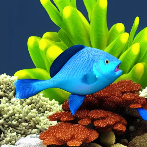 Image similar to 3D render of a cute tropical fish in an aquarium on a dark blue background, digital art