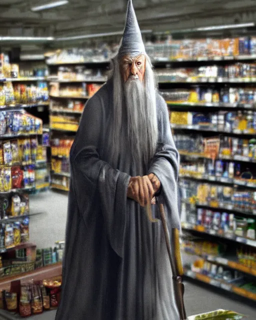 Image similar to gandalf wearing a wizard hat, stacking supermarket shelves craig mullins, cinematic lighting, gloomy