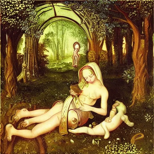 Image similar to “ sensual medieval nurse treating young goddess in a magical forest, artwork, fantasy ”