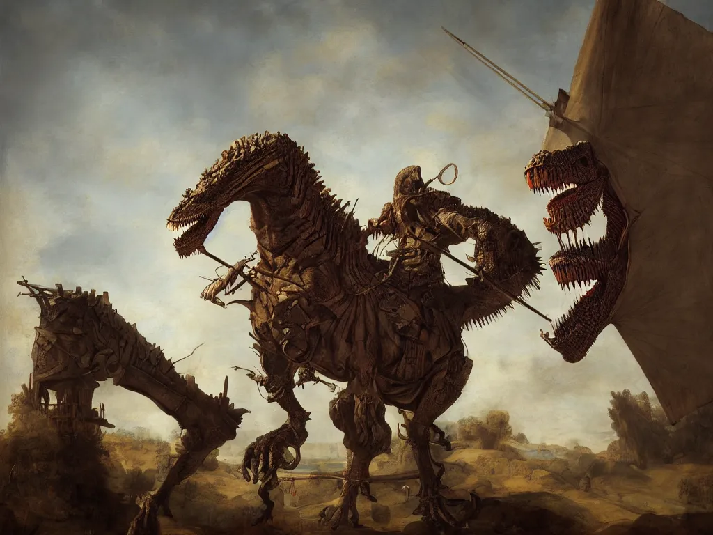 Prompt: a portrait of don quixote, tyrannosaurus rex, windmill, digital art, highly detailed, stunning scene, realism, bright colors, trending on artstation, masterpiece, by rembrandt and carel fabritius