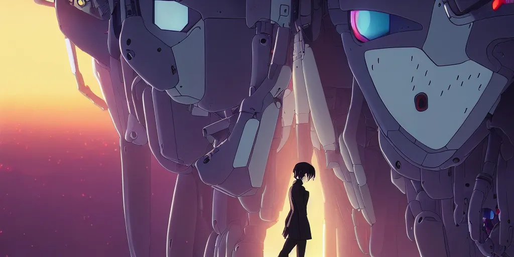 Image similar to twilight lighting, moody, atmospheric, solarpunk, eva - 0 1 from evangelion on a hill, rainy by ghibli studio and victor ngai, ghost in the shell, akira, pixar highly detailed, 8 k h 5 7 6