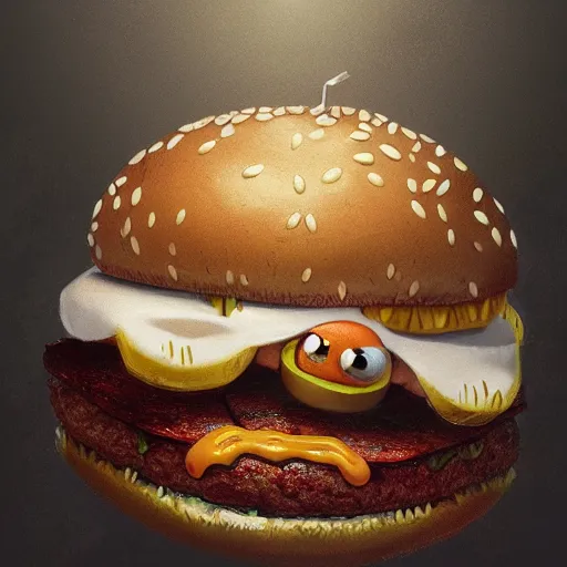 Prompt: a monster with a hamburger as a head, burger with eyes, burger with teeth, character concept art, fantasy drawing, illustration, highly detailed, hyperrealistic, cgsociety, artstation, oil painting by greg rutkowski