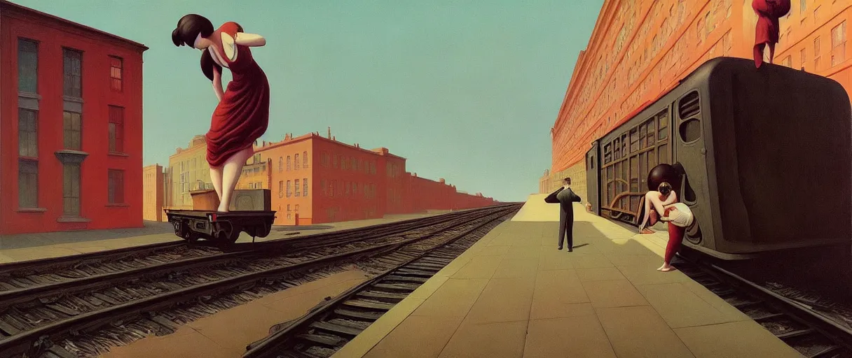 Prompt: train engine, woman reaching, Edward Hopper and James Gilleard, Zdzislaw Beksinski, Mark Ryden, Wolfgang Lettl highly detailed