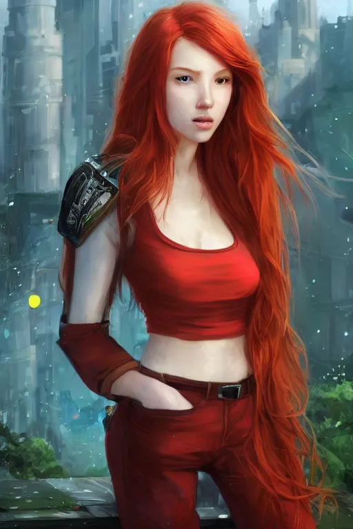Image similar to beautiful cute red haired joyful and playful nineteen year old girl standing up in casual green clothing, long hair, modern city, rpg character, sci - fi, fantasy, intricate, elegant, digital painting, artstation, concept art, smooth, 8 k frostbite 3 engine, ultra detailed, art by artgerm and greg rutkowski and magali villeneuve