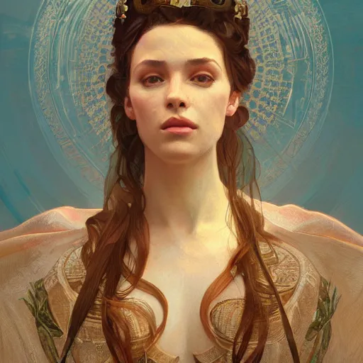 Image similar to a Portrait of A queen whose body is transparent and whose body radiates holy light by greg rutkowski and alphonse mucha,In style of illustration.digital art,hyper detailed,smooth, sharp focus,trending on artstation,4k