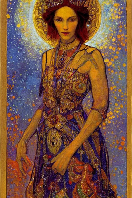 Image similar to the starry queen, by Annie Swynnerton and Nicholas Roerich, elaborately costumed, rich color, dramatic cinematic lighting, smooth, sharp focus, extremely detailed