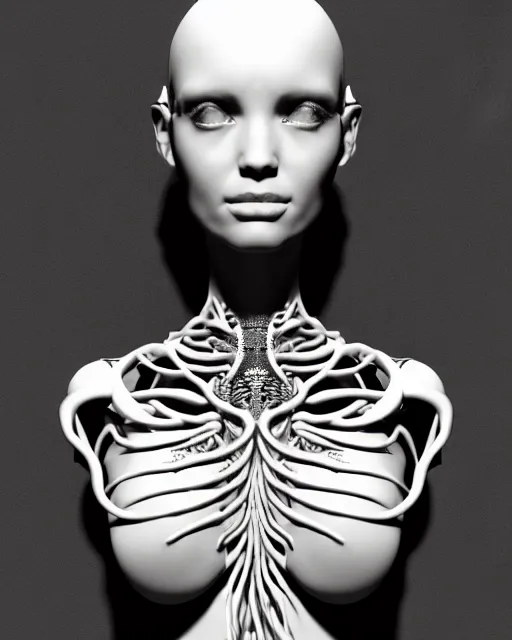 Prompt: a black and white 3D render of a young beautiful female queen-dragon-cyborg bust with a very long neck and Mandelbrot fractal face, flesh, anatomical, facial muscles, veins, arteries, elegant, highly detailed, flesh highly ornate, cable wires, elegant, high fashion, rim light, octane render, in the style of H.R. Giger, Realistic, Refined, Digital Art, Highly Detailed, Cinematic Lighting, rim light, black and white, photo-realistic, 8K