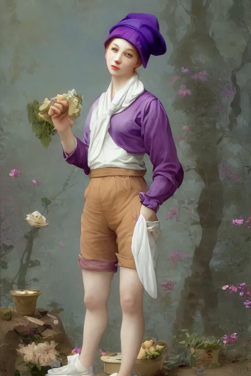 Image similar to Full View girl with short blond hair wearing an oversized purple Beret, Baggy Purple overall shorts, Short Puffy pants made of silk, silk shoes, a big billowy scarf, Golden Ribbon, and white leggings Covered in stars. Short Hair. masterpiece 4k digital illustration by Ruan Jia and Mandy Jurgens and Artgerm and william-adolphe bouguereau, award winning, Artstation, art nouveau aesthetic, Alphonse Mucha background, intricate details, realistic, panoramic view, Hyperdetailed, 8k resolution, intricate art nouveau