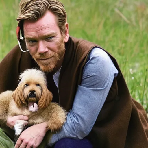 Image similar to ewan mcgregor as obi - wan kenobi petting a puppy, spontaneous portrait, rule of thirds, perfect fact