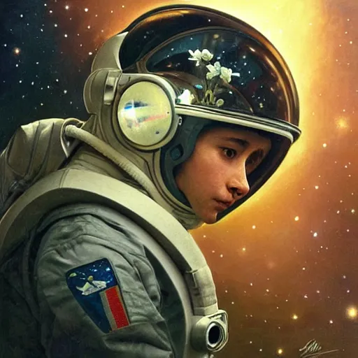 Image similar to a close up painting of an astronaut floating in space. his helmet visor is dark and reflective. you can see the reflection of flowers in his helmet visor. by artgerm and greg rutkowski and alphonse mucha