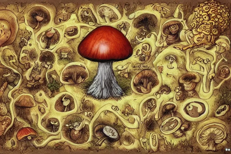 Image similar to the cycle of life shown through mushrooms, birth life aging death, love hate god devil, heaven hell,