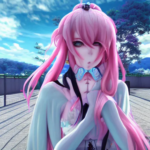 Image similar to trapped by stunningly beautiful omnipotent megalomaniacal otome anime asi goddess who looks like junko enoshima with symmetrical perfect face and porcelain skin, pink twintail hair and cyan eyes, inside her surreal vr castle where she owns you completely!!!, hyperdetailed, digital art from danganronpa, unreal engine 5, 8 k