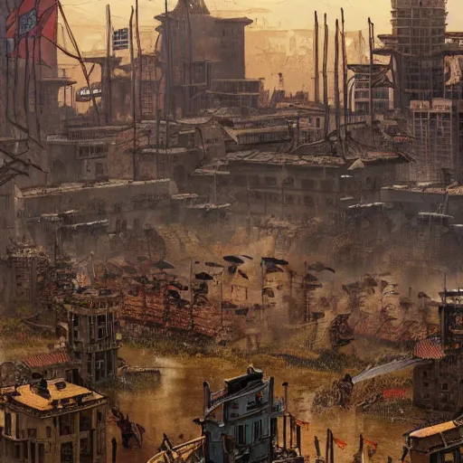 Image similar to (Age of Empires III), colony with checkered flags, rust and brutalist buildings . Propaganda poster, intricate, elegant, highly detailed, digital painting, artstation, concept art, matte, sharp focus, illustration, art by Enki Bilal and Moebius]