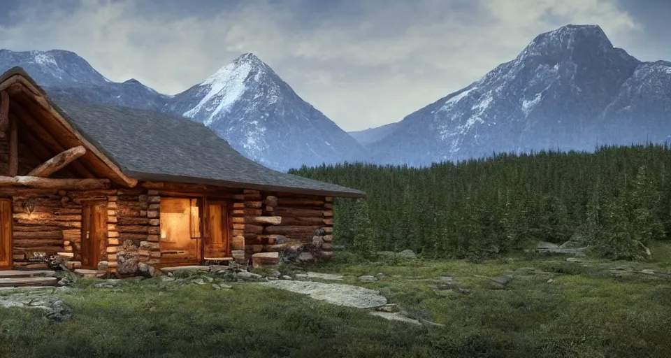 Prompt: an outside look of a log and stone cabin in a taiga with a view of two mountains with a valley in-between, 8k, cinematic, hyper-detailed, imax quality