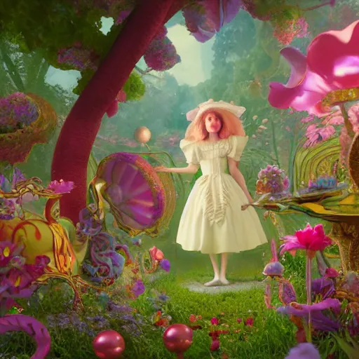 Prompt: alice in wonderland, art nouveau, by rachel ruysch and lisa frank, 8 k, sharp focus, octane render