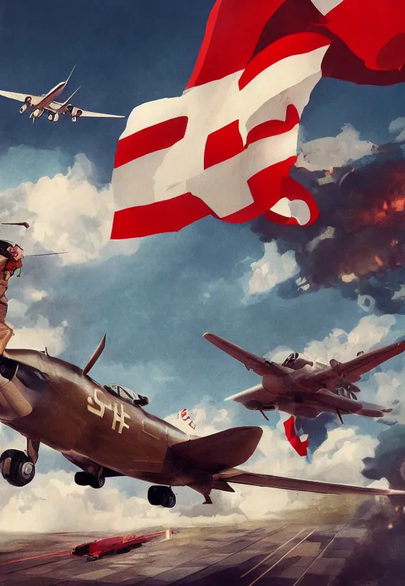 Image similar to [St.Georges fighting a plane adorned with checkered flag. Soviet and chinese Propaganda!!! poster!!!, elegant, highly detailed, digital painting, artstation, concept art, matte, sharp focus, illustration, octane render, unreal engine, photography]