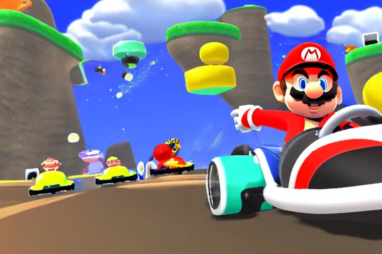 Image similar to whale driving a kart in mario kart double dash, wii screenshot, whale driving a kart