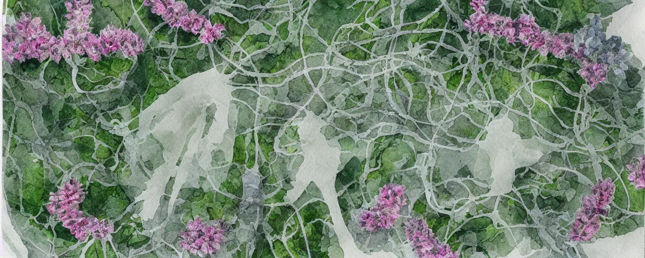 Image similar to drone view, delicate marble in a botanic garden, stony road, on a botanical herbarium paper, watercolor colored painting, iridescent colors, 8 k, realistic shaded, fine details, artstation, italian style, colonnade, vines, flowers, gardena architecture, pompeii