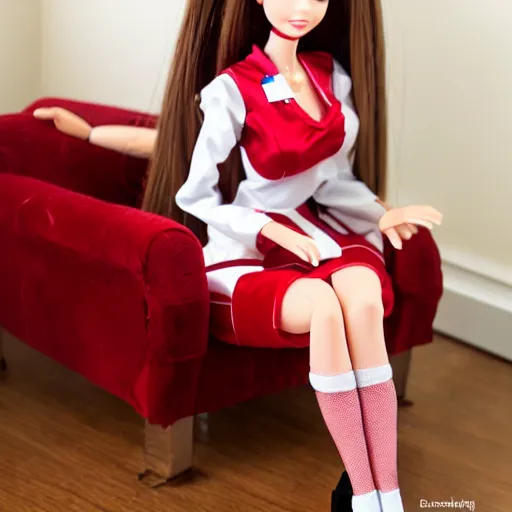 Image similar to anime barbie doll, 5 dolls, in red velvet stockings, a nurse's dress, full length, heels on her feet