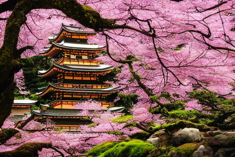 Beautiful japan temple in blossoming sakura garden, pink cherry