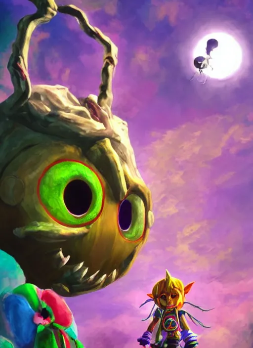 Image similar to realistic,majora\'s mask floating in the air while looking at the viewer maniacally, skull kid, legend of zelda fairy in the background, dramatic lighting, cinematic, film, dynamic pose, movie scene, colorful, dark art, concept art, 8K