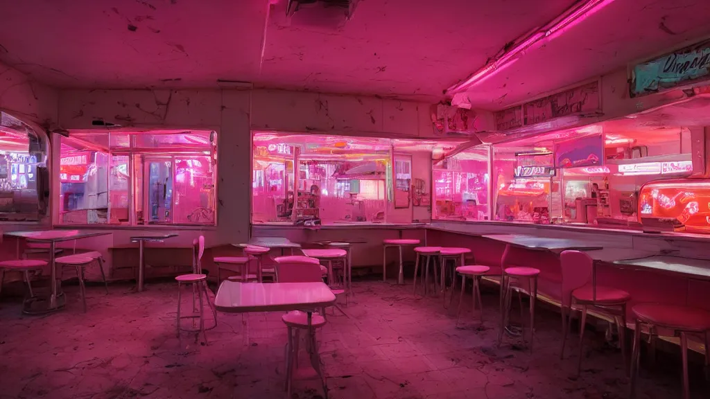 Prompt: the inside of an abandoned 5 0's diner at night, pink and orange neon lights, highly detailed interior, artstation trending, cryenging 8 k uhd