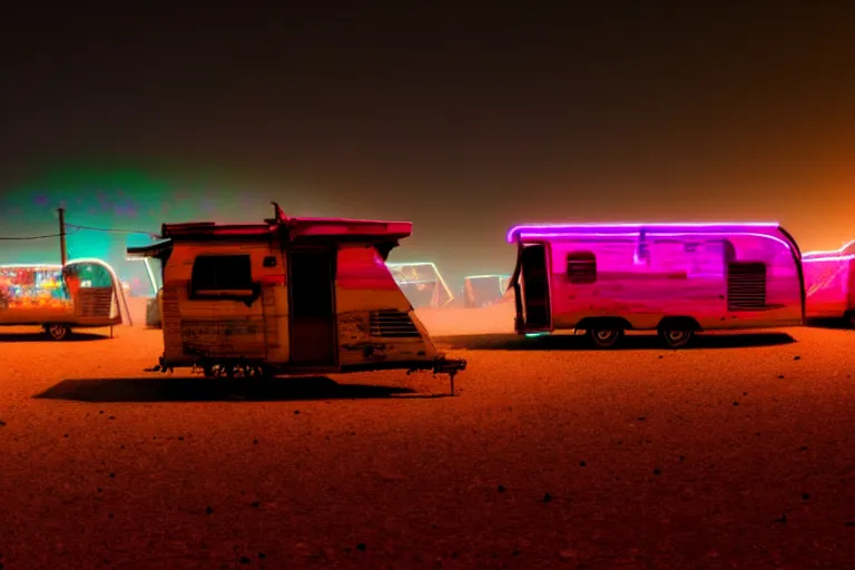 Image similar to a caravan of cyberpunk wagons moving through a star lit desert, dystopian, neon lights, dusty