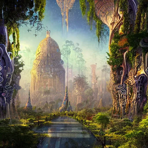 Prompt: Cosmic City Pillars, Domes, Towers, Archways Forest, Plants, Trees, Leaves, Vines, Overgrown Phoenixes Perched 8k resolution Behance HD CGSociety matte background matte painting maximalist detailed painting by Michael Whelan and by John Berkey