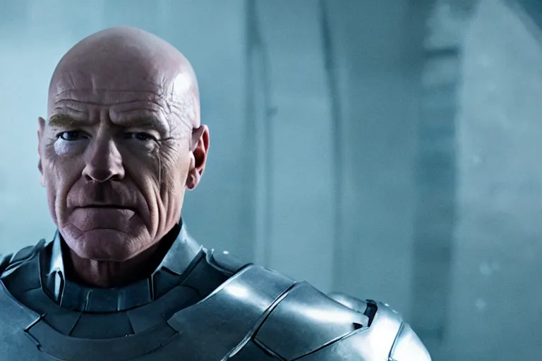 Image similar to promotional image of bald Bryan Cranston as a new superhero called Meth-Man in Avengers: Endgame (2019), icy blue plate armor, stern expression, movie still frame, promotional image, imax 70 mm footage