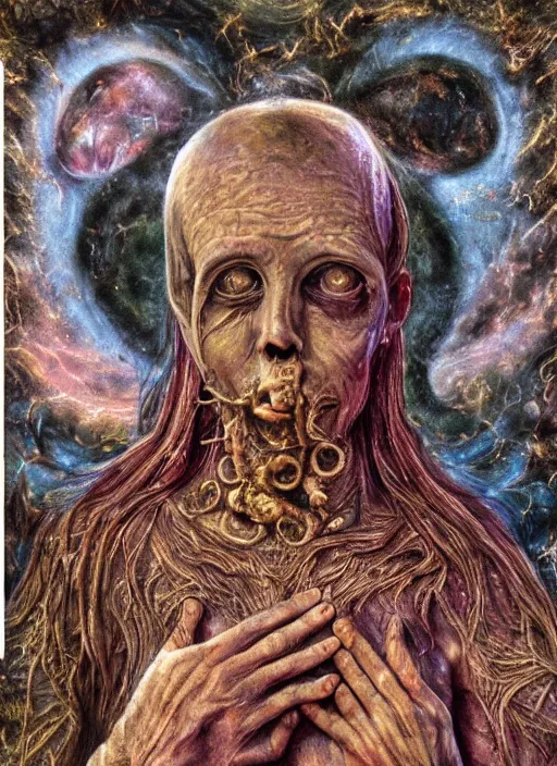 Image similar to the transcendent being embodying eternal suffering, photorealistic, detailed photography, divinity, awful, cosmic horror, religious art, blasphemous