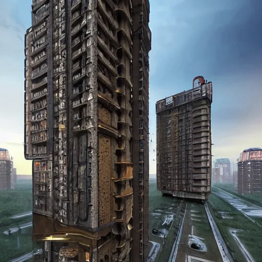 Prompt: Endless Plattenbau, Moscow, Russia, 2045, steampunk