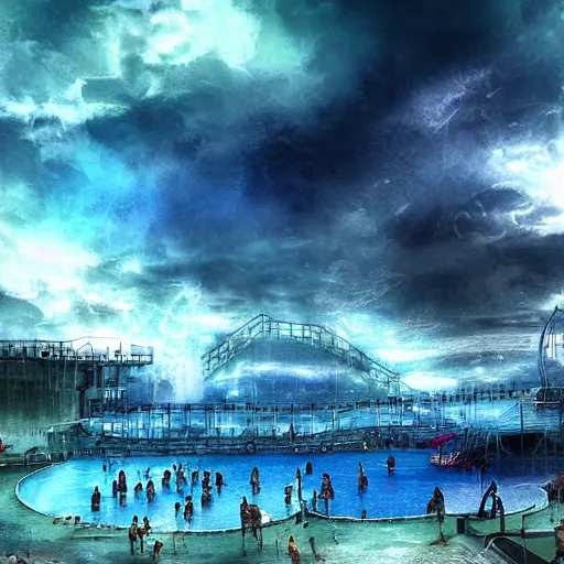 Image similar to waterpark in the clouds of heaven, digital art, cinematic lighting, epic composition, highly detailed