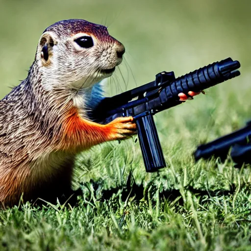 Prompt: a very hangry prairie dog. holding an'm 1 6 ', aiming, lying on the grass