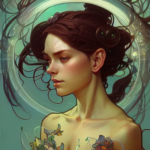 Prompt: Portrait of a girl surrounded by nodes, face, fantasy, intricate, elegant, highly detailed, digital painting, artstation, concept art, smooth, sharp focus, illustration, art by Jesper Ejsing and Fernanda Suarez and Artem Demura and alphonse mucha