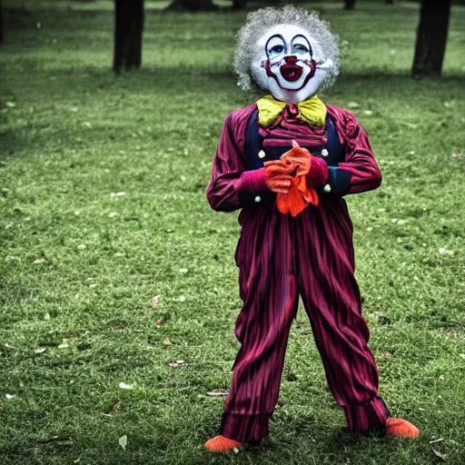 Image similar to creepy clown at a dark park smiling