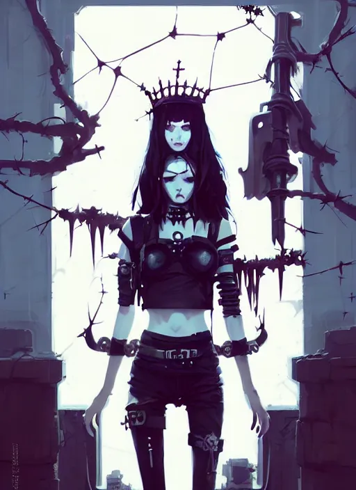 Image similar to cute goth maiden girl with crown of thorns and white short hairs, dressed in leather belts, warhammer, cyberpunk, by atey ghailan, by greg rutkowski, by greg tocchini, by james gilleard, by joe gb fenton, by kaethe butcher, dynamic lighting, gradient light blue, brown, blonde cream and white color in scheme, grunge aesthetic