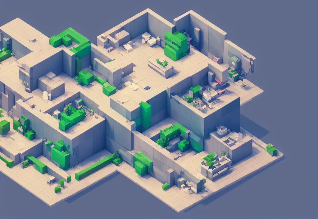 Image similar to isometric magicavoxel modern house, magicavoxel cinematic lighting, 4k