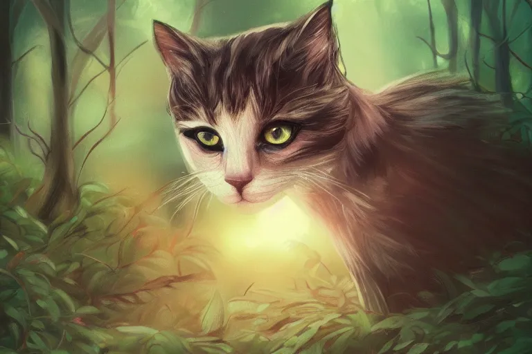 Image similar to cat in the forest, frontlighting, digital art, trending on artstation, fanart, by kawacy