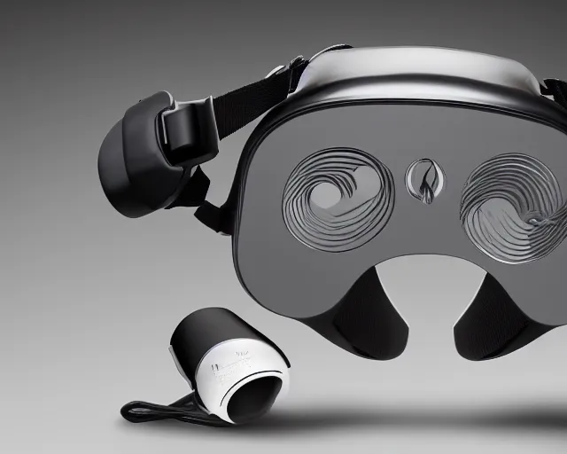 Image similar to Professional slick Product marketing photo. Steam's Valve Index HMD VR Headset. Designed by artist Antoni Gaudí i Cornet. Lighting and style by painter James Gurney. Slick and shiny presentation. Well organized and minimalist.