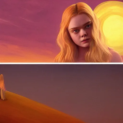 Prompt: Elle Fanning, head and shoulders masterpiece, apocalypse, golden hour, cosmic horror, artstation, in the style of Christina’s World and Edward Hopper and Bosch, extremely detailed