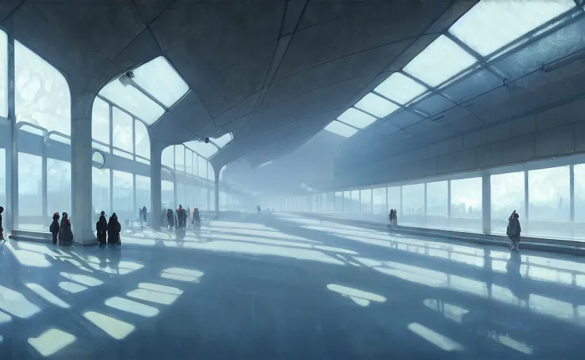 Image similar to painting of a wide angle exterior shot of a white modern futuristic utopian train station with cinematic lighting by peter zumthor and renzo piano, darek zabrocki and greg ruthkowski, alphonse mucha, simon stalenhag and cinematic and blue cold atmospheric, holy place, atmospheric, archillect concept art, artstation, trending on artstation