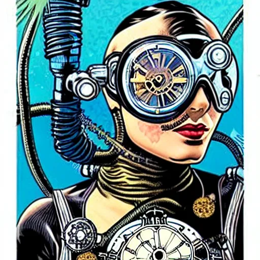 Image similar to a tarot card of a female diver with a oxygen mask intricate clockwork detailed mask with front profile by MARVEL comics and Sandra Chevrier